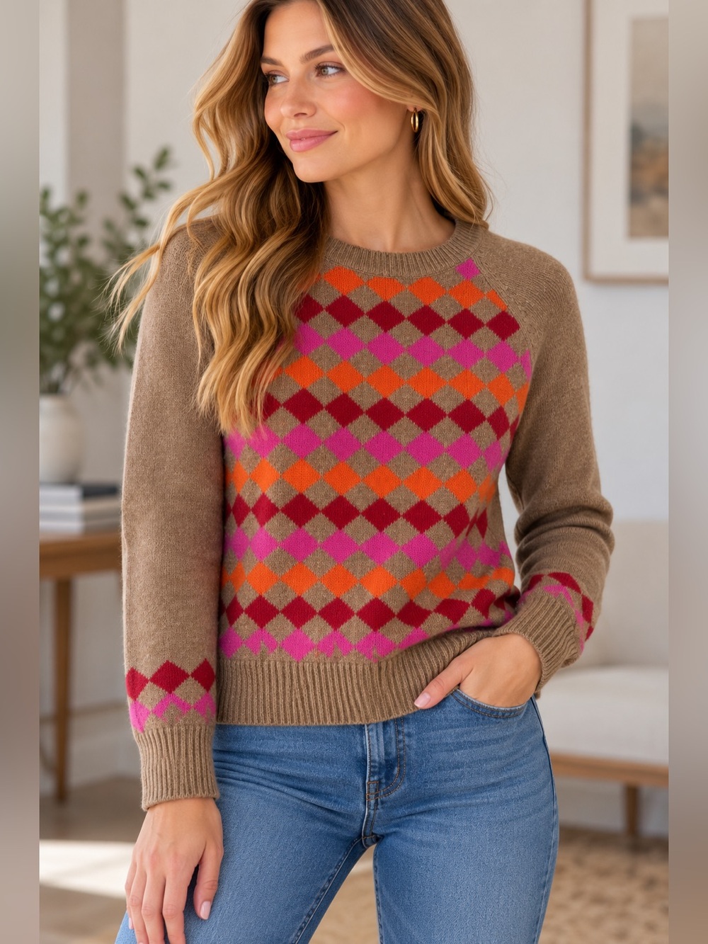 J.Crew 100% Lambswool Argyle Sweater Pink Orange Red Small
